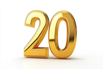 3d gold number 20 isolated on white background