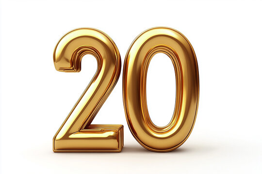 3d gold number 20 isolated on white background