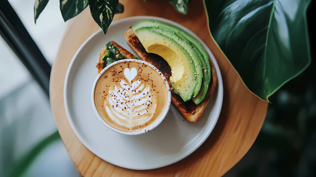 Flat white with avocado toast styled with a minimalist setup on a white plate