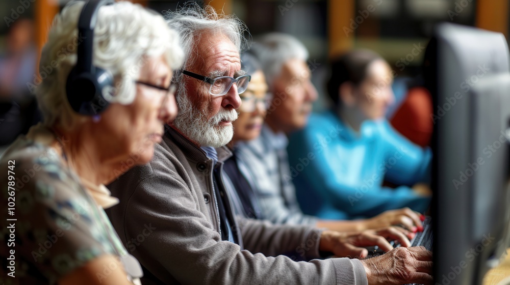 Leinwandbilder a diverse group of elderly learners participates in technology courses, focusing on computer skills 