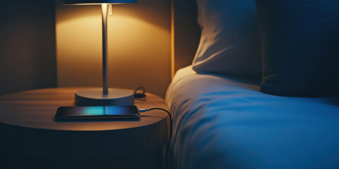 A smartphone charging on a nightstand away from the bed