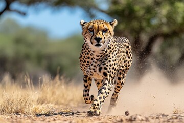 A cheetah sprinting across the savanna, its powerful muscles rippling as it races after prey, kicking up dust as it speeds through the golden grasslands