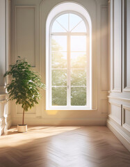 Sunlit room with a large window and a solitary plant
