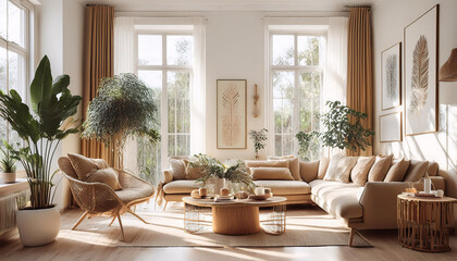 Sunlit cozy living room with modern decor and lush view