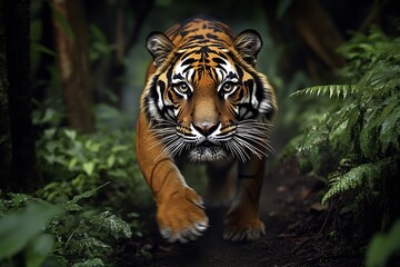 Obraz premium A tiger prowling through a lush jungle, with its orange and black stripes blending into the rich greenery, stalking silently through the undergrowth