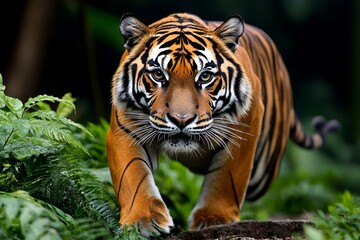 Obraz premium A tiger prowling through a lush jungle, with its orange and black stripes blending into the rich greenery, stalking silently through the undergrowth