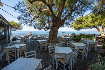 Empty restaurant tables and chairs directly on a rocky beach in the shade of a tree, Greece, Crete island, wide angle lens