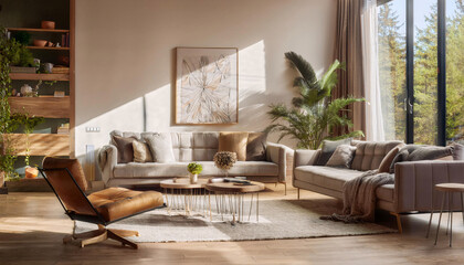 Sunny living room with modern furniture and large windows