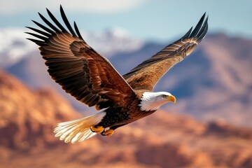 Obraz premium An eagle flying over a mountain range, its wings spread wide and its sharp gaze focused on the landscape below, showcasing its dominance in the skies