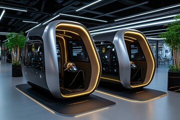 Automated vaccination pods in a futuristic world, where people walk into sleek, high-tech booths to receive their vaccines with minimal human interaction
