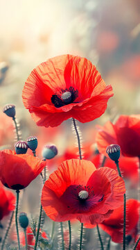 Beautiful common red poppy flowers background