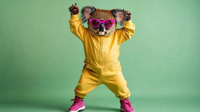 A koala in a yellow jumpsuit and pink sunglasses stands against a green background. Funny dancing animal video footage concept