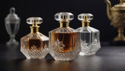 A collection of beautifully shaped crystal-clear perfume bottles elegantly displayed on a dark luxurious backdrop. This striking image is ideal for fragrance industry advertisements and branding.