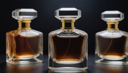 A collection of beautifully shaped crystal-clear perfume bottles elegantly displayed on a dark luxurious backdrop. This striking image is ideal for fragrance industry advertisements and branding.