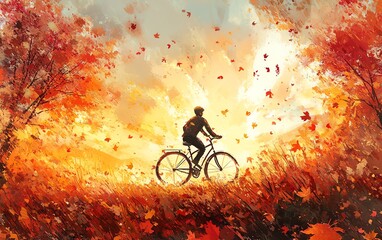 Golden autumn evening, capturing a joyful cyclist pedaling through a landscape filled with colorful leaves and a fading sunset