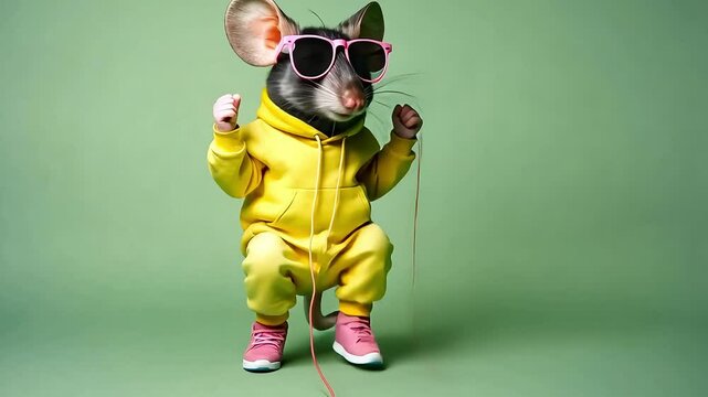 A rat wearing sunglasses, a yellow tracksuit, and pink sneakers, sits against a green background. Funny dancing animal video footage concept