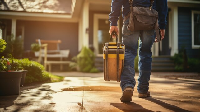 Experienced handyman carrying a tools bag enters a residence to provide professional repair services