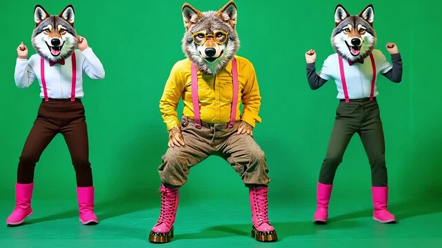 3 wolf in a yellow and white shirt, pink suspenders, and brown pants with pink boots on a green screen background. Funny dancing animal video footage concept