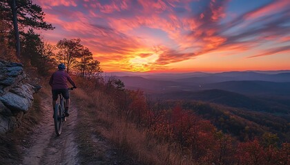 Relaxed rider pedaling down a scenic trail in autumn, with the sky ablaze in shades of pink and orange during sunset