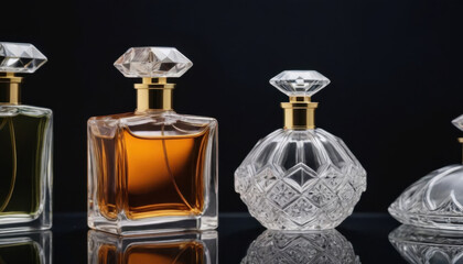 A collection of beautifully shaped crystal-clear perfume bottles elegantly displayed on a dark luxurious backdrop. This striking image is ideal for fragrance industry advertisements and branding.