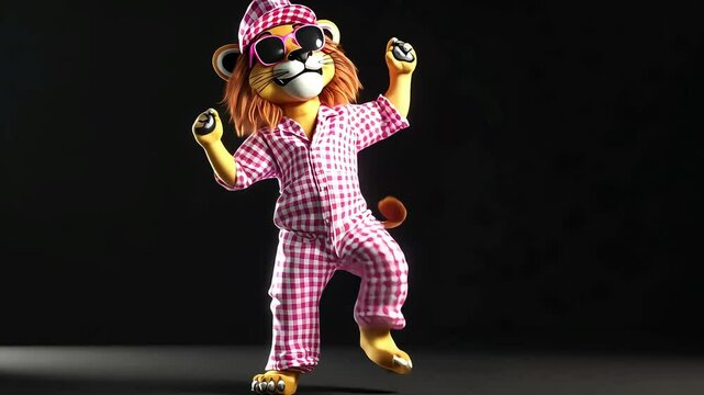 A cartoon lion wearing a pink and white plaid jumpsuit, a pink hat, and sunglasses with a happy and friendly expression. Funny dancing animal video footage concept