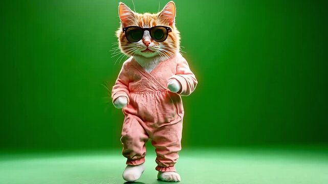 A ginger cat in a pink jumpsuit stands on a green background. Funny dancing animal video footage concept