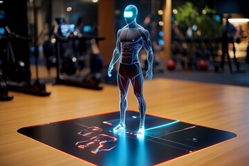 Futuristic gym with holographic personal trainers, where AI-powered coaches guide users through personalized workouts, with digital displays tracking every movement and progress