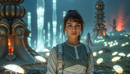 Futuristic explorer in alien sci-fi landscape.