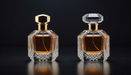 A collection of beautifully shaped crystal-clear perfume bottles elegantly displayed on a dark luxurious backdrop. This striking image is ideal for fragrance industry advertisements and branding.
