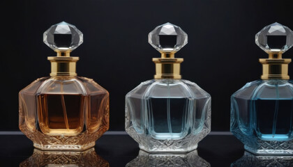 A collection of beautifully shaped crystal-clear perfume bottles elegantly displayed on a dark luxurious backdrop. This striking image is ideal for fragrance industry advertisements and branding.