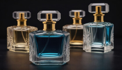 A collection of beautifully shaped crystal-clear perfume bottles elegantly displayed on a dark luxurious backdrop. This striking image is ideal for fragrance industry advertisements and branding.