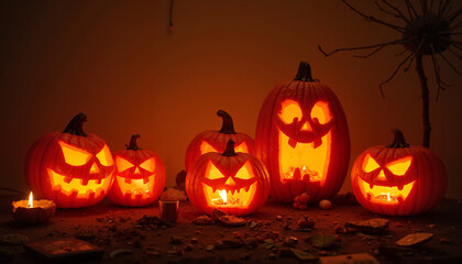 Seamless background: jack-o'-lanterns in various expressions