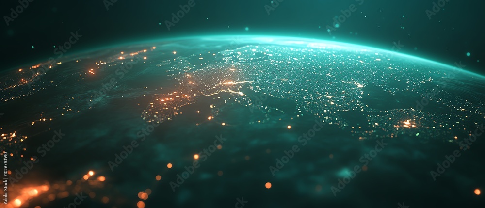 Aufkleber Dynamic visualization of a global radio network, featuring a 3D map of Earth illuminated with communication pathways and satellite connections