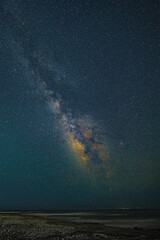 Clearly visible milky way in the starry sky, photographed on the beach, at night, wide-angle lens
