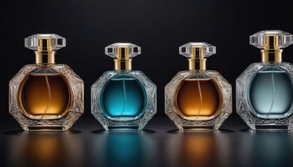 A collection of beautifully shaped crystal-clear perfume bottles elegantly displayed on a dark luxurious backdrop. This striking image is ideal for fragrance industry advertisements and branding.