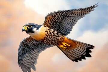 Watercolor painting of a falcon diving toward its prey, with bold, dynamic strokes representing the speed and energy of the hunt, contrasted against the soft backdrop of the sky