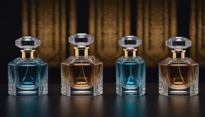 A collection of beautifully shaped crystal-clear perfume bottles elegantly displayed on a dark luxurious backdrop. This striking image is ideal for fragrance industry advertisements and branding.