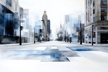 Watercolor painting of an empty street during lockdown, with soft washes of gray and blue creating a peaceful yet hauntingly quiet atmosphere