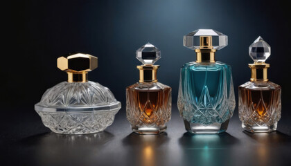 A collection of beautifully shaped crystal-clear perfume bottles elegantly displayed on a dark luxurious backdrop. This striking image is ideal for fragrance industry advertisements and branding.