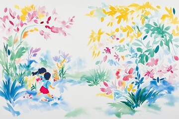Fototapeta premium Whimsical watercolor of a child playing with dolls in a garden, with bright, playful colors creating a joyful scene of imagination and outdoor play