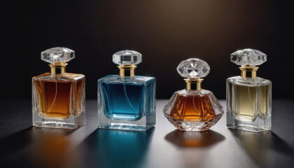 A collection of beautifully shaped crystal-clear perfume bottles elegantly displayed on a dark luxurious backdrop. This striking image is ideal for fragrance industry advertisements and branding.