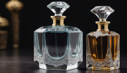 A collection of beautifully shaped crystal-clear perfume bottles elegantly displayed on a dark luxurious backdrop. This striking image is ideal for fragrance industry advertisements and branding.