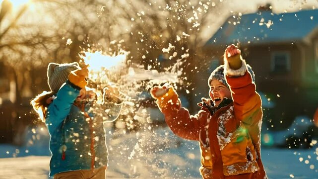 Two happy kids are playing in the snow during a sunny winter day. They are throwing snowballs and laughing.