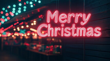 Obraz premium Red Neon Merry Christmas Sign on Wooden Wall with Festive Lights