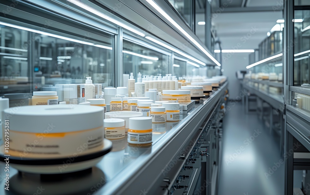 Poster wideangle view of a hightech face cream production line in a contemporary factory, emphasizing clean