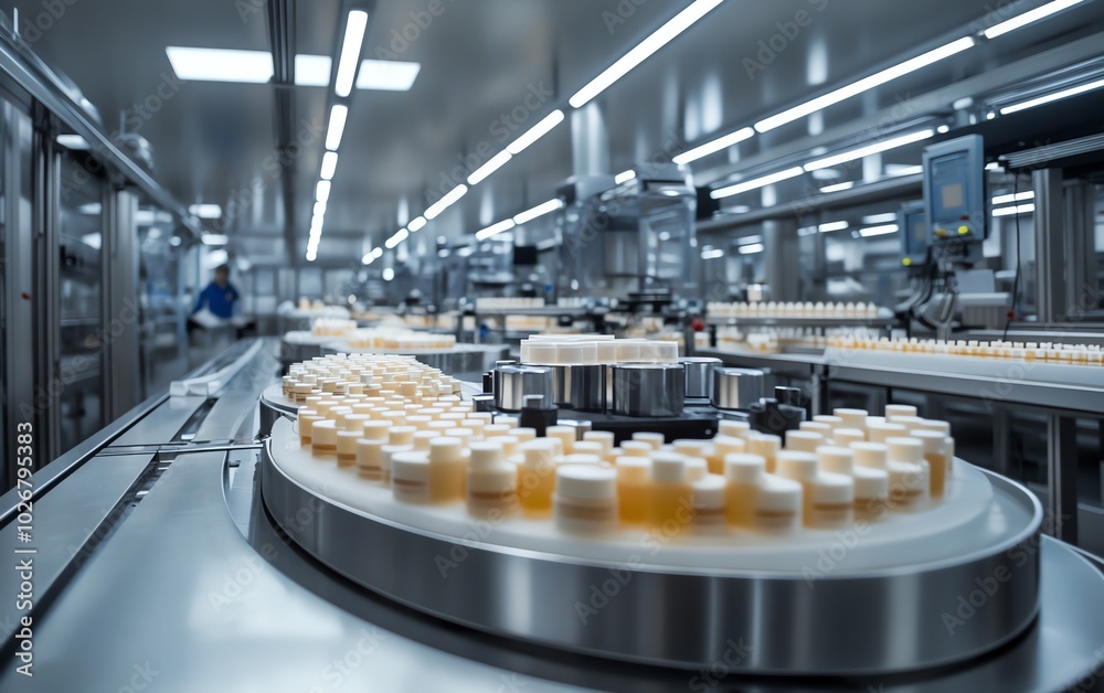 Poster wideangle view of a hightech face cream production line in a contemporary factory, emphasizing clean