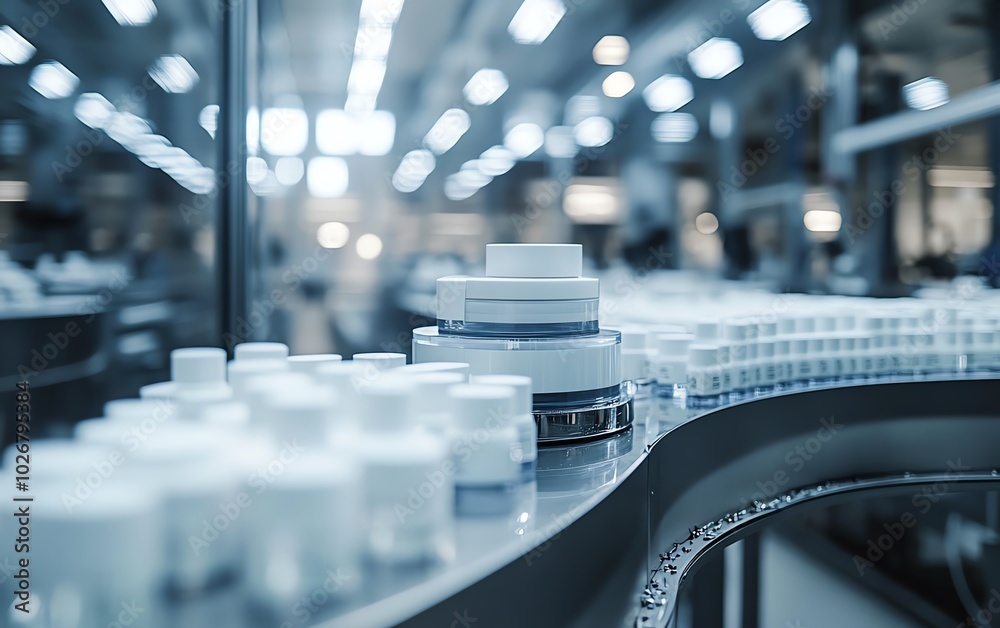 Poster wideangle view of a hightech face cream production line in a contemporary factory, emphasizing clean