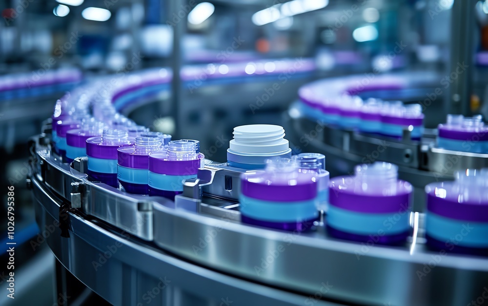 Poster wideangle view of a hightech face cream production line in a contemporary factory, emphasizing clean