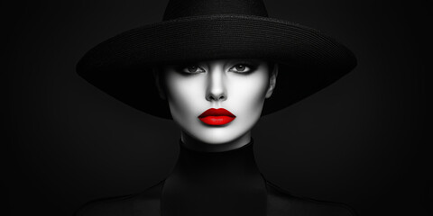 black and white portrait of a beautiful woman in a black hat, red lips