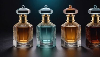 A collection of beautifully shaped crystal-clear perfume bottles elegantly displayed on a dark luxurious backdrop. This striking image is ideal for fragrance industry advertisements and branding.